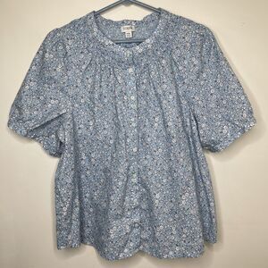 J. Crew Blouse Women’s  XXL Blue White Floral Print Puff Sleeve Button Up